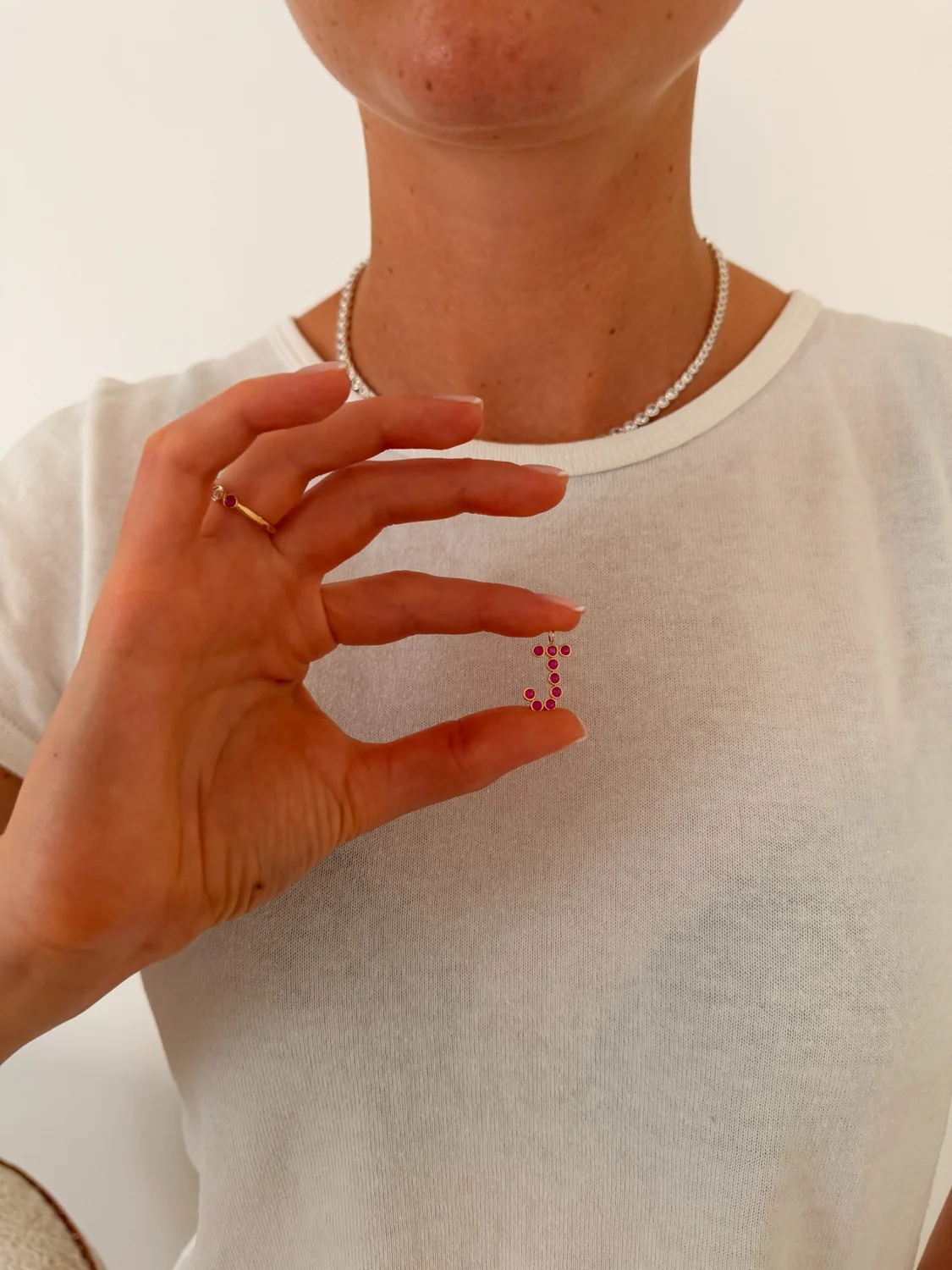 Ruby letter jewel by Twenty and Six